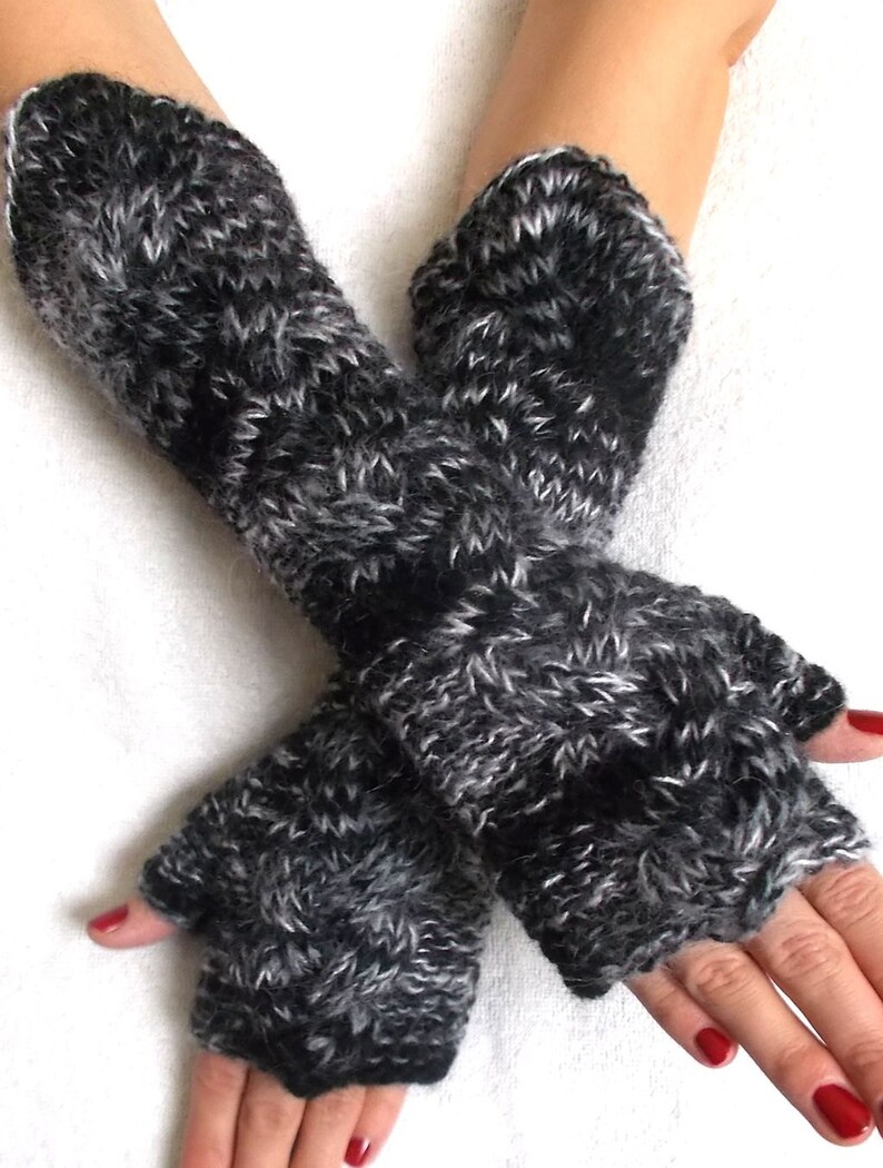Hand Knit Fingerless Gloves Cabled Arm Warmers in Black White Grey Warm Women Winter Accessory image 2