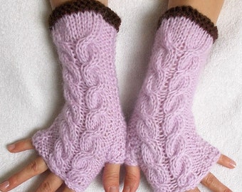 Handknitted Fingerless Gloves Cabled  Warm  Wrist Warmers Light Violet Lilac Brown Women Fingerless  Mittens