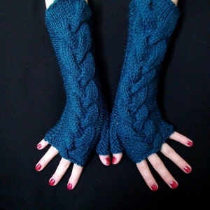 Fingerless Gloves Blue Dark Ocean Cabled  Wrist Warmers, Extra Long and Soft