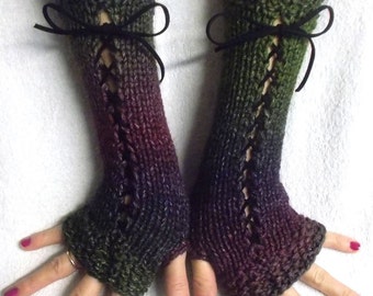 Long Fingerless Gloves Knit  Green Purple Violet Blue Shades Corset  Arm Warmers Variegated for Women Victorian Style Acrylic