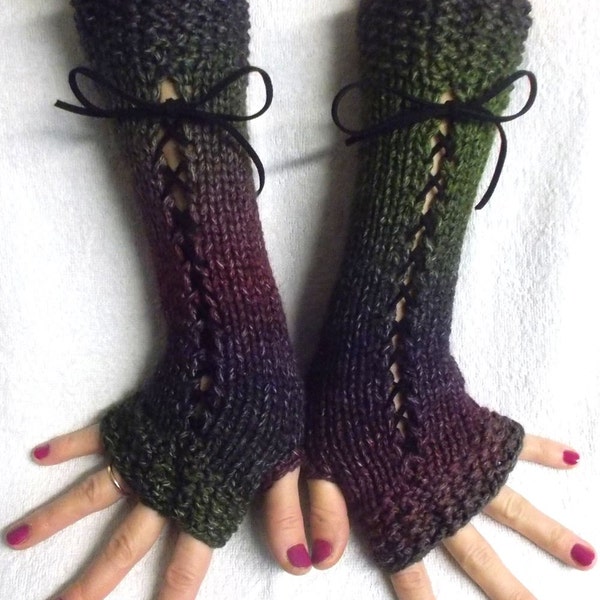 Gants longs sans doigts en tricot vert violet violet bleu nuances corset chauffe-bras panaché pour femmes style victorien acrylique