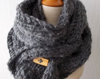 Chunky Scarf Handknit Big Cowl Extra Thick Cabled Soft  in Dark Grey Winter Accessory Men Women Unisex