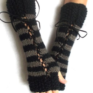 Fingerless Gloves Women Long Corset Wrist Warmers Black Taupe Brown with Suede Ribbons Victorian Style Hand Knit image 4