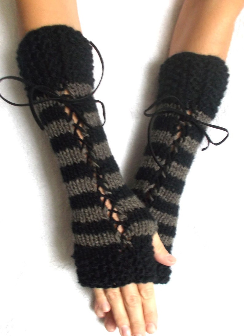 Fingerless Gloves Women Long Corset Wrist Warmers Black Taupe Brown with Suede Ribbons Victorian Style Hand Knit image 4