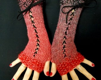 Fingerless Gloves Corset Wrist Warmers in Red Grey Shades with Black Suede Ribbons Victorian Style