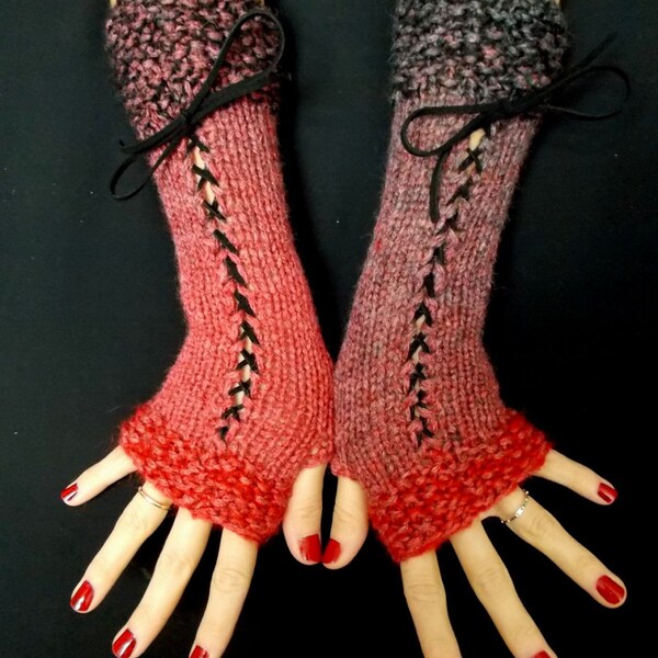 Fingerless Gloves Corset Wrist Warmers in Red Grey Shades with Black Suede Ribbons Victorian Style