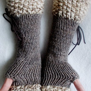 Knit Fingerless Gloves Long Wrist Warmers Taupe/ Brown Corset with Suede Ribbons Victorian Style image 5