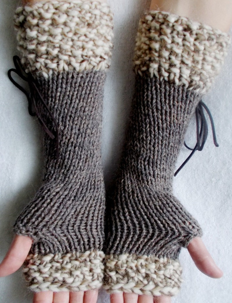 Knit Fingerless Gloves Long Wrist Warmers Taupe/ Brown Corset with Suede Ribbons Victorian Style image 5