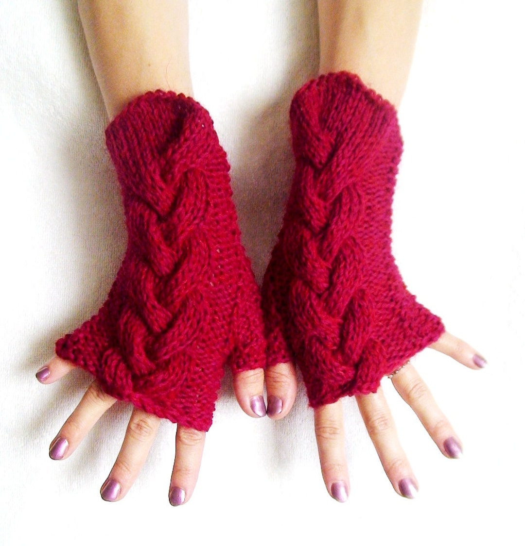 Red Fingerless Gloves Cabled Wrist Warmers Warm and Soft Etsy