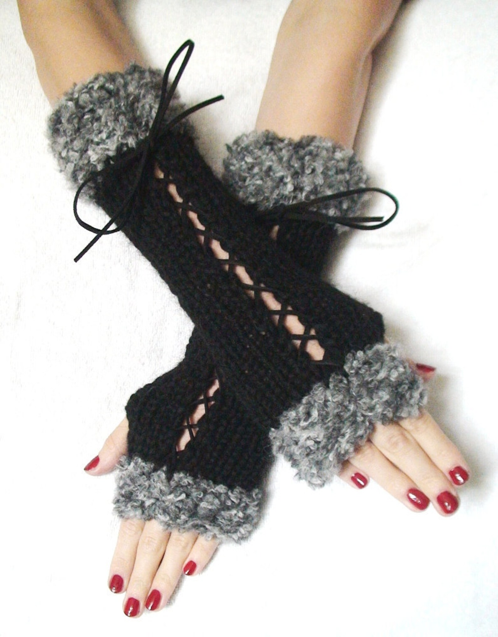 Fingerless Gloves Black Handknit Corset Mitts With Grey Boucle Etsy