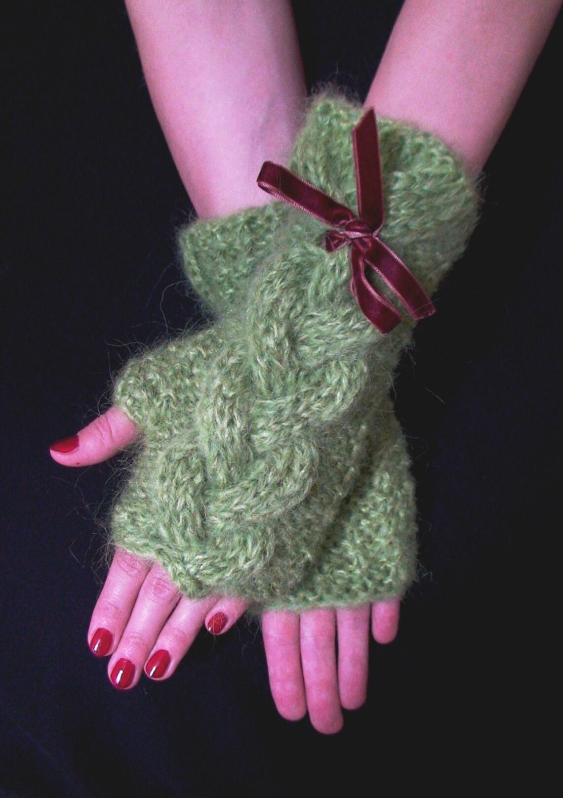 Fingerless Gloves Knit Cabled Apple Green Rustic Wrist Warmers Etsy