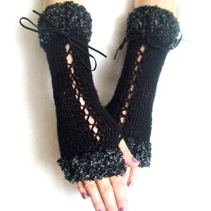 Fingerless Gloves Corset Wrist Warmers in Black with Suede Ribbons and Dark Grey Boucle Edges Victorian Style image 4