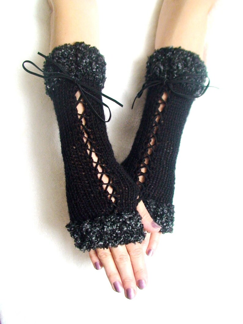 Fingerless Gloves Corset Wrist Warmers in Black with Suede Ribbons and Dark Grey Boucle Edges Victorian Style image 4