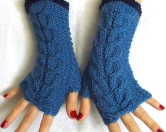 Blue Fingerless Gloves Cabled Warm Wrist Warmers Women Winter Accessory