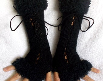 Black Corset  Gloves Long Handknitted  Fingerless Arm Warmers with Suede Ribbons Victorian Style