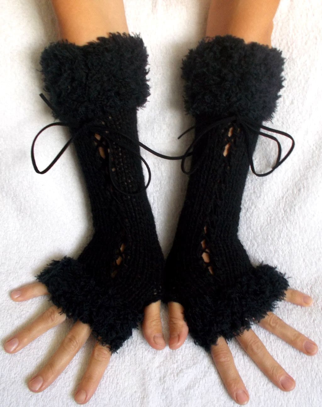 Black Corset Gloves Long Handknitted Fingerless Arm Warmers with Suede Ribbons Victorian Style