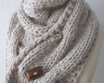 Chunky Scarf Handknit Big Cowl Extra Thick Cabled Soft  in Natural White Beige