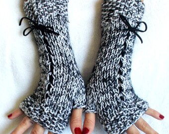 Fingerless Gloves Handknitted  Corset  Arm Warmers in Black an White Tweed  with Suede Ribbons Victorian