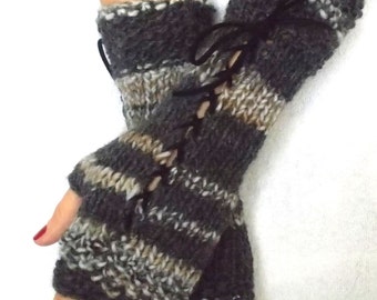 Fingerless Gloves Corset Wrist Warmers in Charcoal Grey Brown Suede Ribbons Victorian Style
