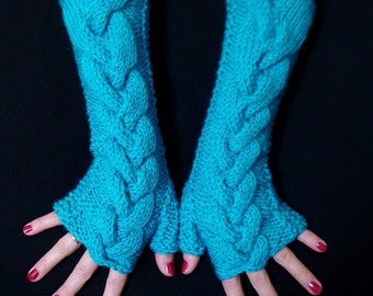 Fingerless Gloves Knit Turquoise Blue Soft Cabled  Wrist Warmers
