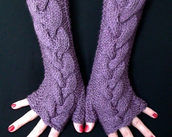 Fingerless Gloves Knit Wrist Warmers Pale Violet Purple Cabled  Extra Long and Soft