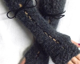Fingerless Gloves Grey Arm Warmers with Angora Wool Mohair Christmas fashion Warm Thick Soft Warm