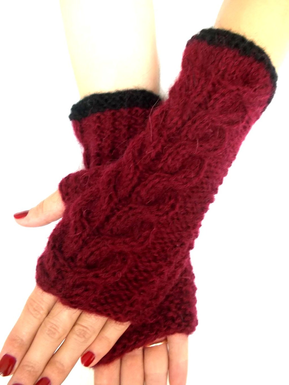 Fingerless Gloves Cabled Warm Wrist Warmers Burgundy Dark Etsy New Zealand