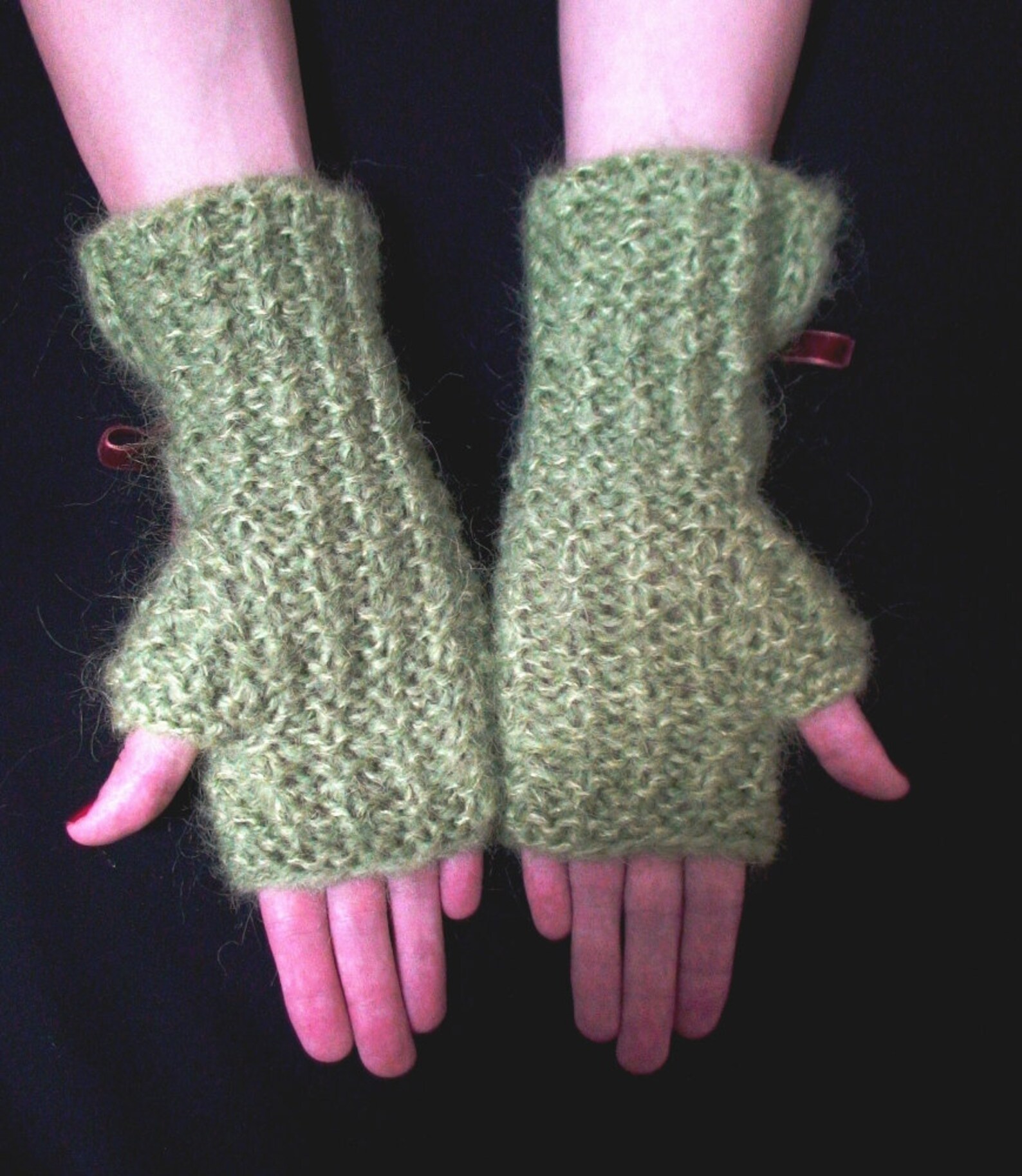 Fingerless Gloves Knit Cabled Apple Green Rustic Wrist Warmers Etsy
