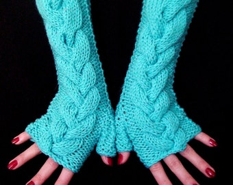 Fingerless Gloves Knit Wrist Warmers, Turquoise Blue, Soft, Cabled, Acrylic