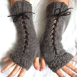 Popular right now Knit Fingerless Gloves Wrist Warmers Taupe/ Greyish Brown Corset with Suede Ribbons Victorian Style image 7