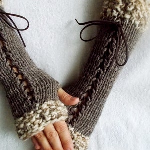 Knit Fingerless Gloves Long Wrist Warmers Taupe/ Brown Corset with Suede Ribbons Victorian Style image 3