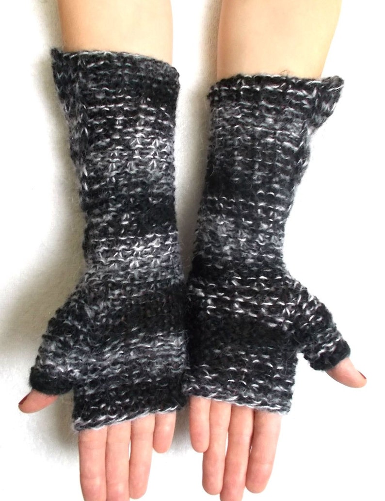 Hand Knit Fingerless Gloves Cabled Arm Warmers in Black White Grey Warm Women Winter Accessory image 5