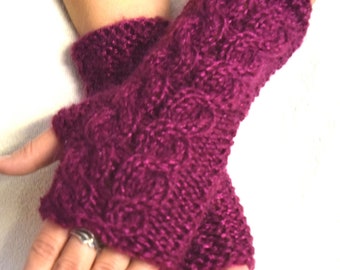 Fingerless Mittens Cabled  Warm Wrist Warmers Dark Pink Fuchsia Women Winter Accessory