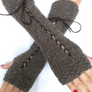 Christmas Gift for Her Knit Fingerless Gloves Long Wrist Warmers Brown Corset Gloves with Suede Ribbons Victorian Style image 3