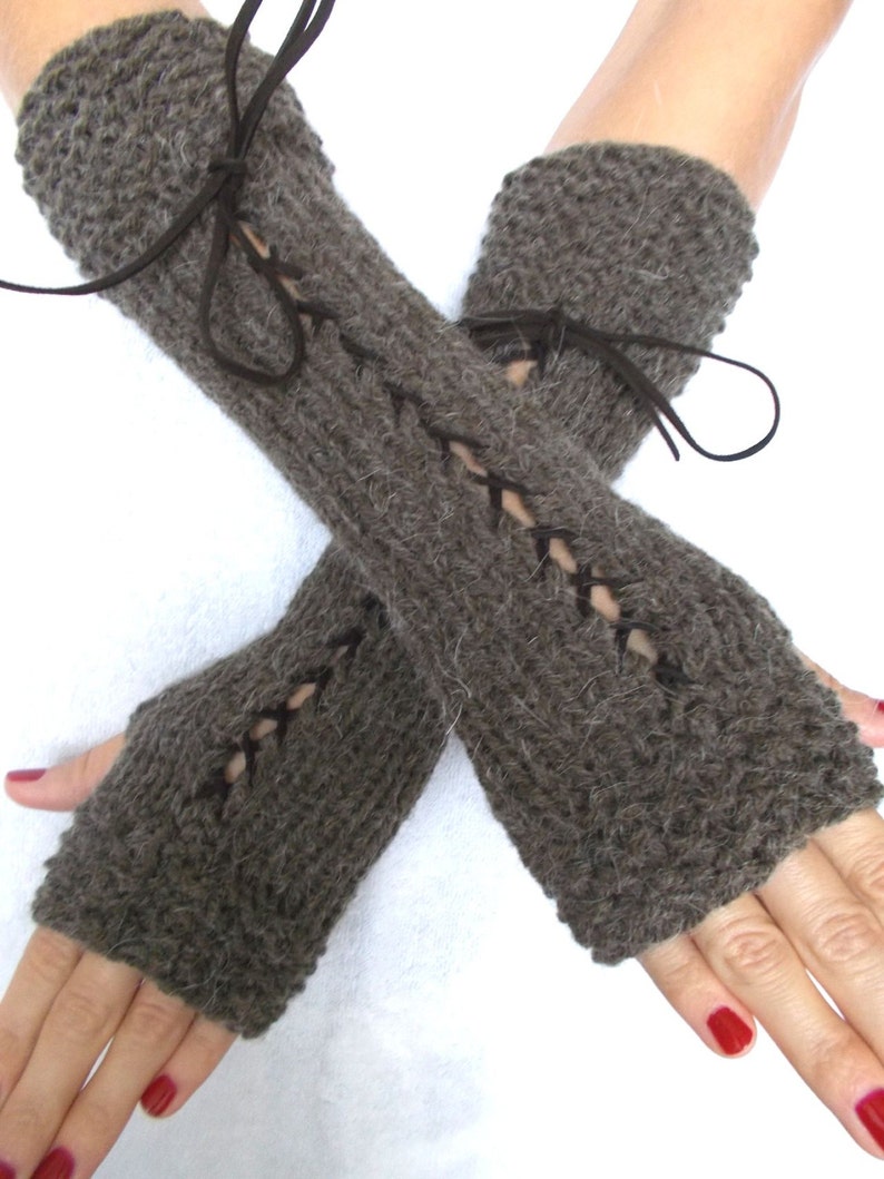 Christmas Gift for Her Knit Fingerless Gloves Long Wrist Warmers Brown Corset Gloves with Suede Ribbons Victorian Style image 3