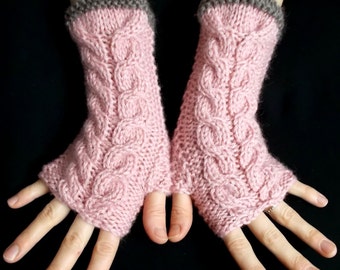 Fingerless Gloves, Cabled, Warm, Wrist Warmers, Light Pink, Earth Brown, Fingerless, Mittens