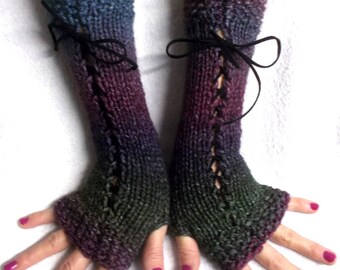 Long Fingerless Gloves Knit  Green Purple Violet Blue Shades Corset  Arm Warmers Variegated for Women Victorian Style Acrylic