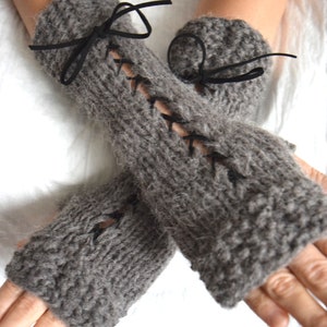 Popular right now Knit Fingerless Gloves Wrist Warmers Taupe/ Greyish Brown Corset with Suede Ribbons Victorian Style image 8