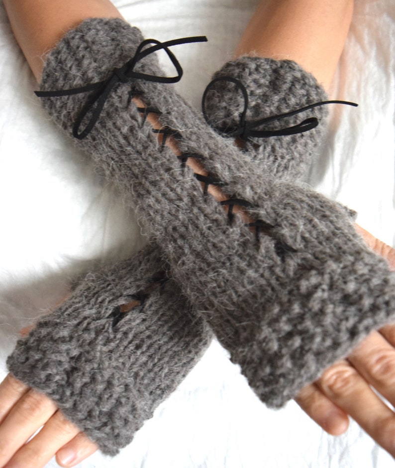 Popular right now Knit Fingerless Gloves Wrist Warmers Taupe/ Greyish Brown Corset with Suede Ribbons Victorian Style image 8