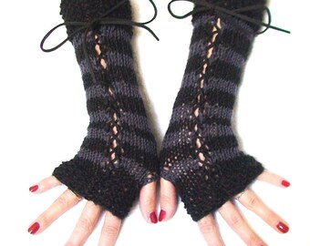 Fingerless Gloves Black Grey Striped Alpaca Wool Corset Arm Warmers Victorian Style