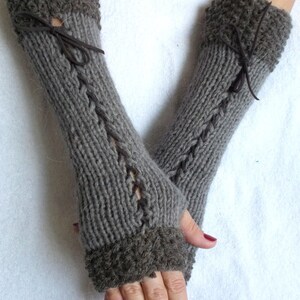 Fingerless Gloves Knit Women Long Corset Arm Warmers in  Grey Brown Taupe