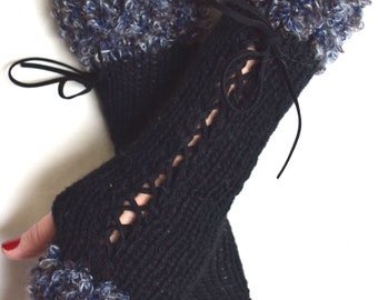 Black Fingerless Corset Gloves Knit Women Wrist  Warmers  Christmas Gift for her