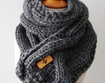 Popular Right Now Chunky Scarf Handknit Big Cowl Extra Thick Cabled Soft  in Dark Grey Winter Accessory Men Women Unisex