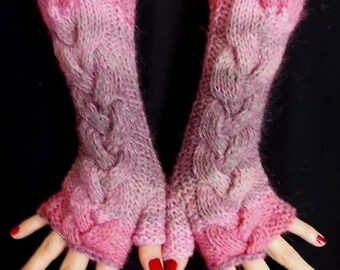 Fingerless Gloves Cabled Warm Arm Warmers Salmon Pink Light Brown Violet Handknitted