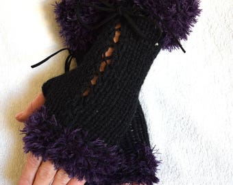 Fingerless Corset  Gloves Women Wrist Warmers Black Eggplant violet with Suede Ribbons Victorian Style Hand Knit