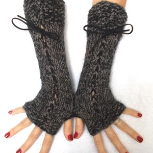 Popular Right Now Fingerless Gloves Corset Wrist Warmers in Grey Brown and Black Tweed with Suede Ribbons Victorian Style