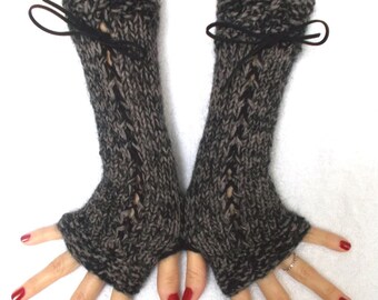 Popular Right Now Fingerless Gloves Corset Wrist Warmers in Grey Brown and Black Tweed with Suede Ribbons Victorian Style