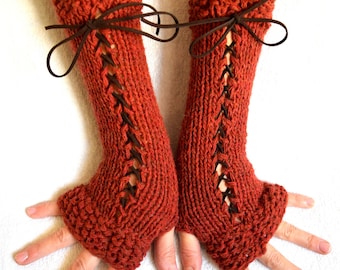 Fingerless Gloves Women Corset  Long Wrist Warmers Cinnamon Rusty Brown with Suede Ribbons Victorian Style Hand Knit