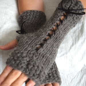 Popular right now Knit Fingerless Gloves Wrist Warmers Taupe/ Greyish Brown Corset with Suede Ribbons Victorian Style image 6