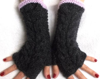 Fingerless Gloves Cabled Warm Wrist Warmers Dark Grey Charcoal Lilac Fingerless Arm Warmers Women Winter Accessory